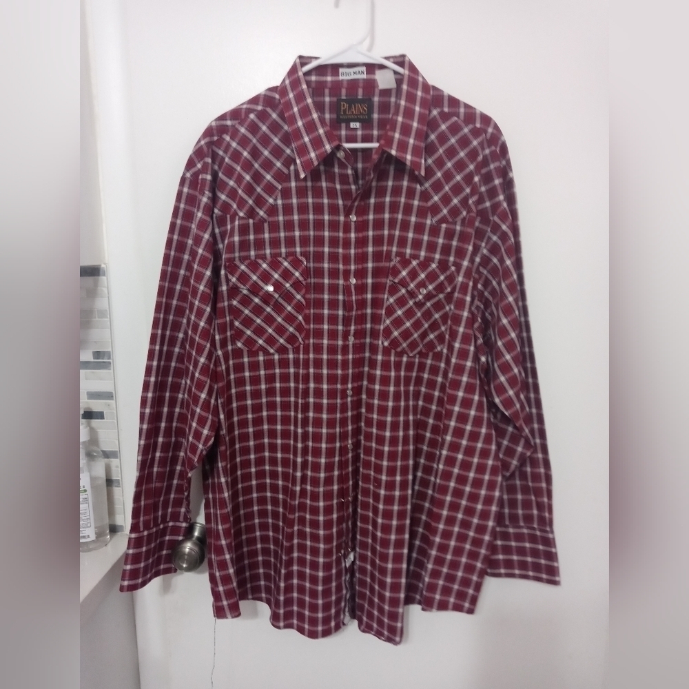 PLAINS WESTERN WEAR BIG MAN RED PLAID CLASSIC RODEO PEARL SNAP SHIRT 2X